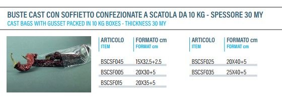 Tabella buste cast con soffietto - Table of cast bags whit gusset